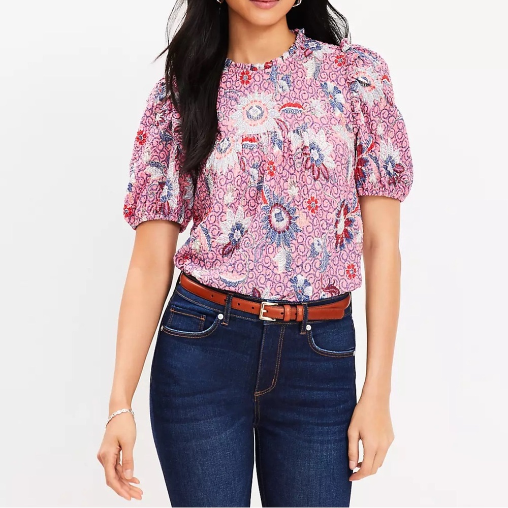 LOFT Petites DAHlia puff sleeve top XSP textured ruffle blouse EUC